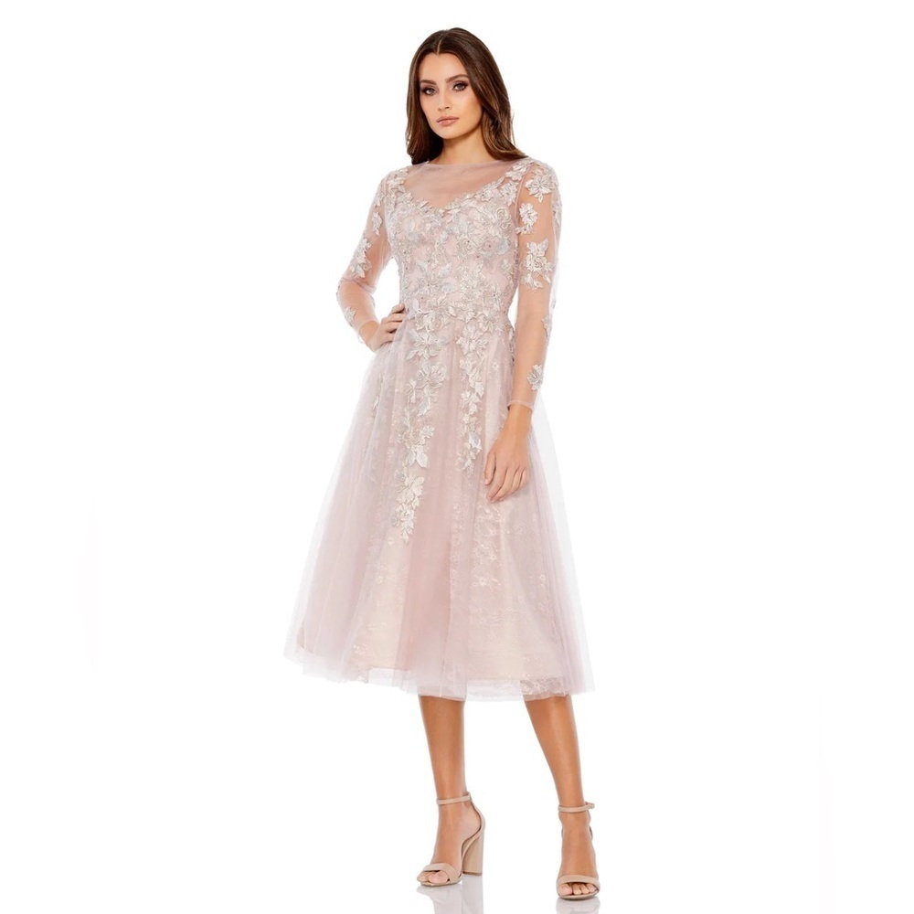Mac Duggal 30681 NWT EMBROIDERED ILLUSION LONG SLEEVE A LINE DRESS